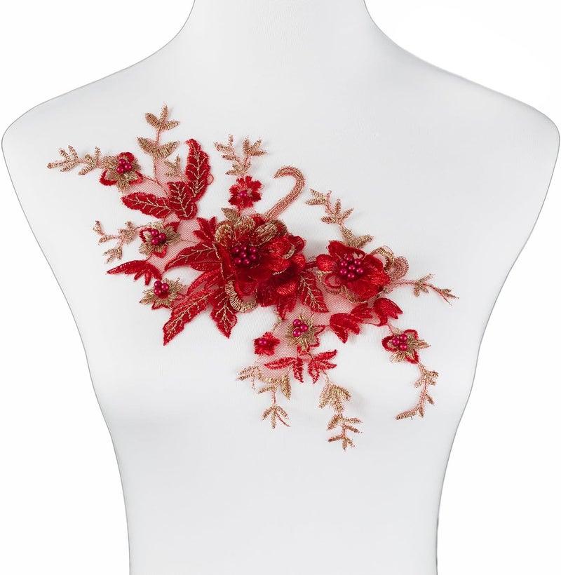 Silvora 2 PCS Flower Fabric Beaded Pearl Lace Applique, 3D Embroidered Patch for Dresses,Handmade Sewing Tool for DIY Neckline Bodice Pants(Red) - Image 1